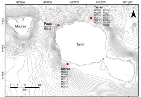 Figure II.9  :  Carte de Tahiti avec la localisation des sites de forages de l’Expédition  IODP 310 (Faa, Tiarei et Maraa)