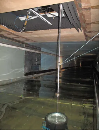 Figure 2. View of the wind tunnel, the parabolic antenna, the open waveguide, and the radar source fixed at the end of a sidearm adjusted in a crosswind azimuthal position