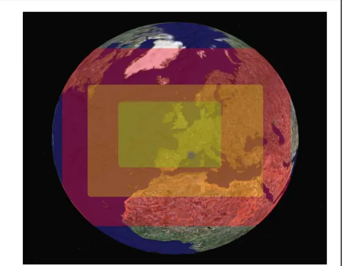 Figure 3 : représentation schématique de l’extension spatiale de l’échelle de l’ONA (rouge),  des types de temps (orange), synoptique (jaune) et régionale (violet)