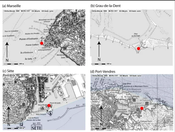 Figure 5 : localisation des stations marégraphiques dans le Golfe du Lion, (a) à Marseille,  (b) au Grau-de-la-Dent, (c) à Sète et (d) à Port-Vendres (Ortho Littorale IGN 2000)