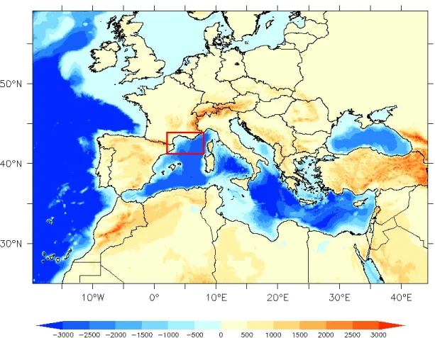 Figure 2.1 – Situation et topographie du bassin M´ editerran´ een (donn´ ees issues de www.marine-geo.