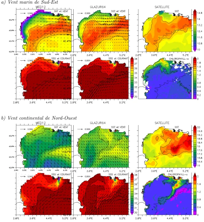Figure 3.11 – Positionnement du panache du Rhone pour a) un vent de Sud-Est (moyenne sur 4 jours, du 31 d´ embre 2007 au 03 janvier 2008), b) des vents continentaux (moyenne sur 4 jours, du 12 au 15 juin 2008)