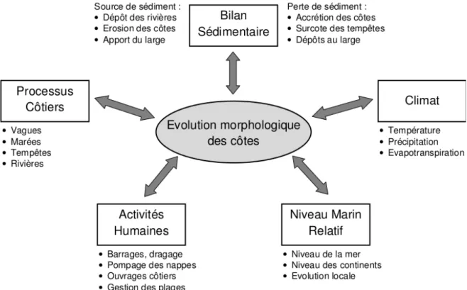 Figure 1 – Synthèse non exhaustive des paramètres influençant l’évolution morpholo- morpholo-gique des côtes, (Thornton et al., 2000; Grasso, 2009).