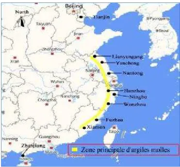Figure 1.1-1. Répartition des argiles molles dans les zones côtières de la Chine 