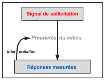 Figure 1.3: Schéma de la caractérisation des propriétés par interprétation des réponses à un signal de  sollicitation