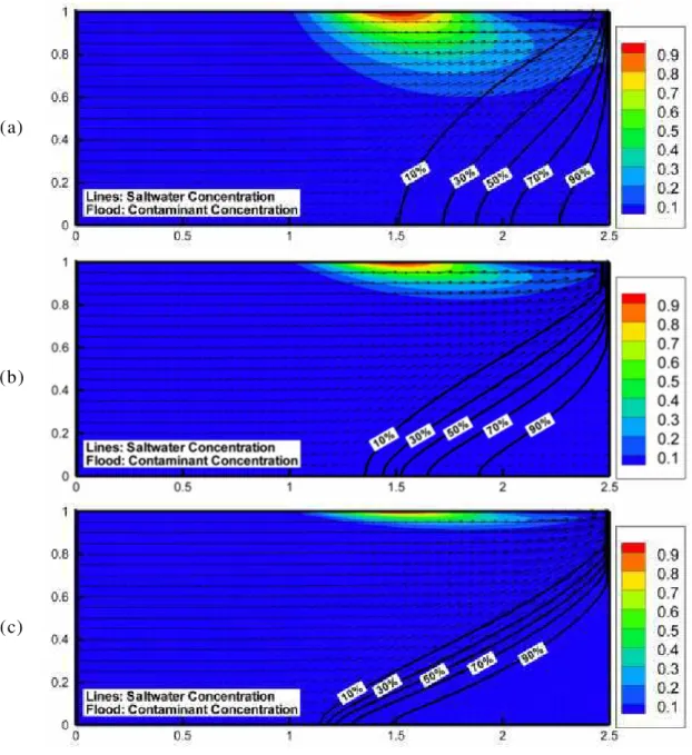 Fig. 3.2. Simultaneous depiction of contaminant plume, velocity field of and saltwater  isochlors for surface contamination scenario:  (a) test case1 (low Péclet number), (b) test case 