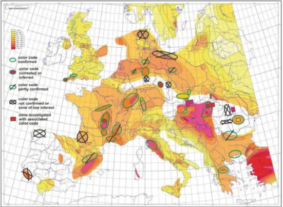 Figure  3:  Carte  des  températures  et  analyse  des  zones  chaudes,  en  Europe  à  5000m  de  profondeur,  d’après  Genter et al