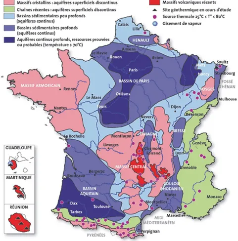 Figure 4: Carte des bassins sédimentaires, sources thermales et aquifères en France (source : BRGM) 