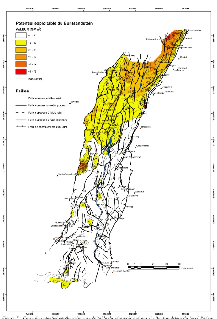 Figure 5 : Carte du potentiel géothermique exploitable du réservoir gréseux du Buntsandstein du fossé Rhénan  (Dezayes et al., 2007) 