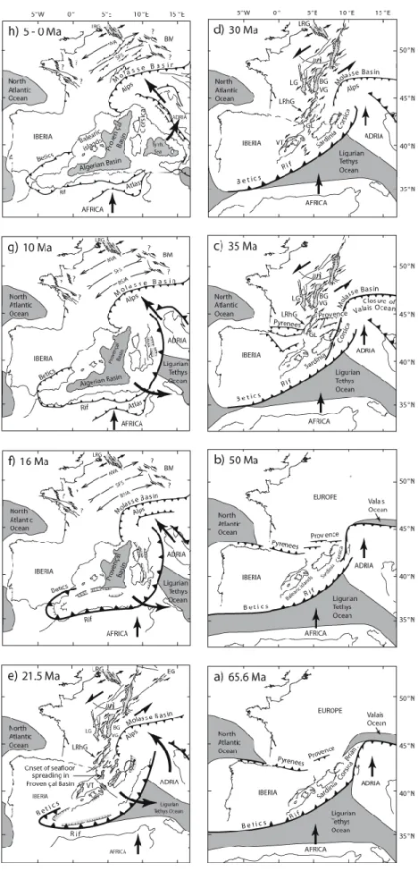 Figure  17:  Carte  structurale  indiquant  l'évolution  cénozoïque  des  domaines  pyrénéens et  alpins  (Bourgeois  et  al., 2007) 