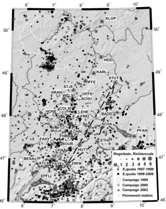 Figure  24:  Localisation  des  épicentres  des  séismes  et  des  stations  GPS,  MULH:  Mulhouse,  COLM:  Colmar,  FREI: Fribourg, KARL: Karlsruhe (Rozsa et al., 2005) 