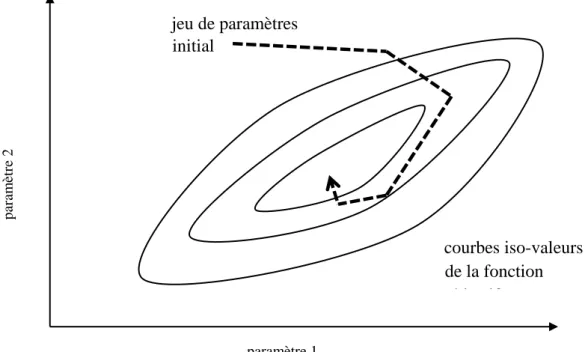 Figure II-11: Amélioration itérative du jeu de paramètre initial vers le minimum global de la fonction  objectif (d’après [Doherty, 2010]) 