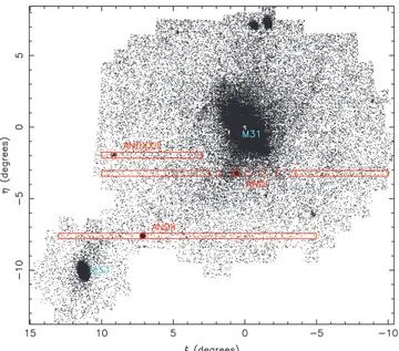 Figure 3. Map of the entire PAndAS survey area, with color-cut chosen to favor the low metallicities exhibited by many of M31’s satellite galaxies