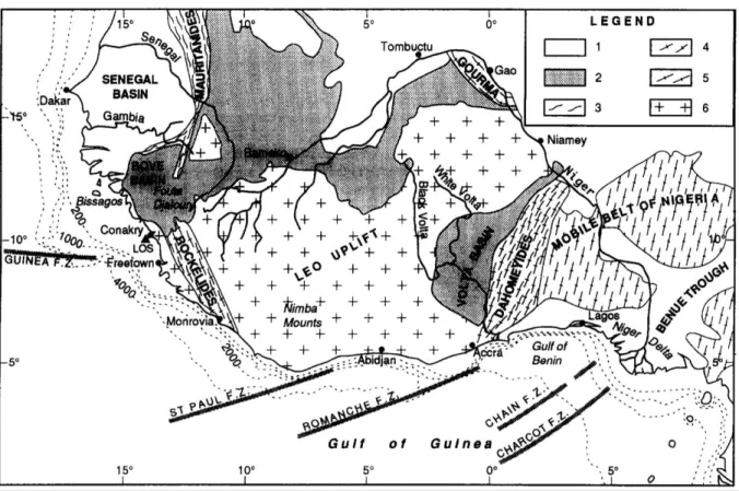 Figure 3.2 : Esquisse géologique de l’Afrique de l’Ouest montrant les fractures océaniques.