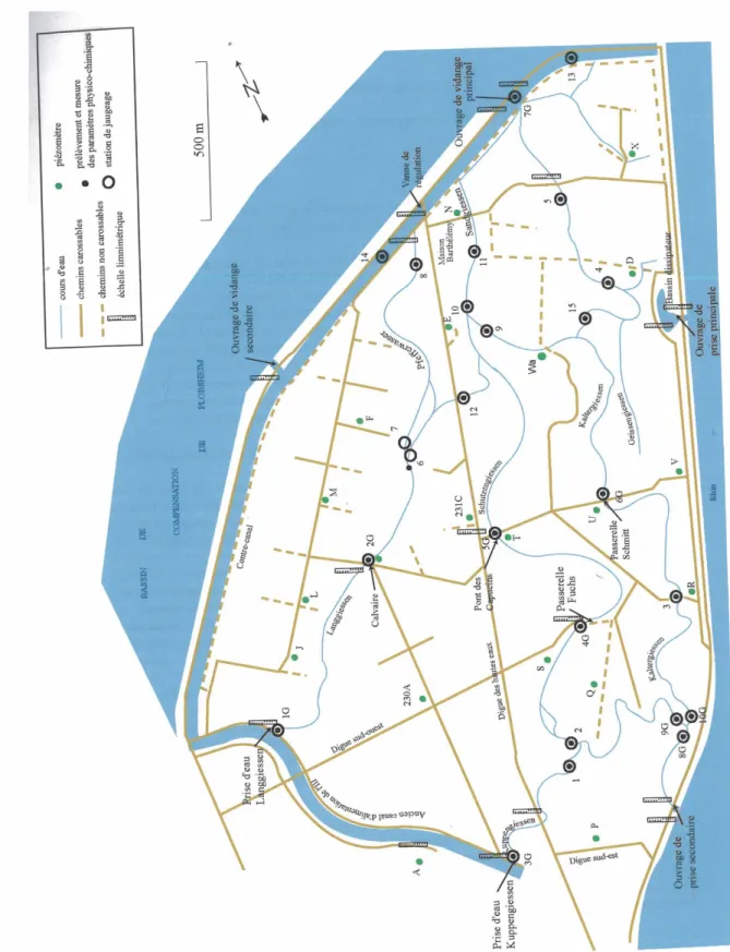 Figure 20 : Localisation des stations de mesures à l’intérieur du polder d’Erstein (Weiss,  2006)