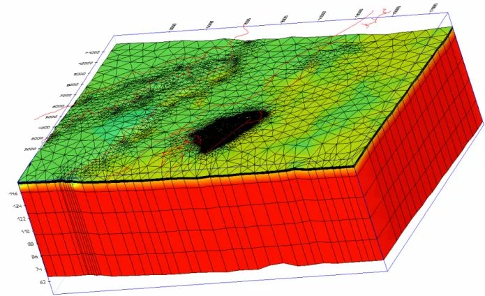 Figure 28 : Discrétisation spatiale du domaine à modéliser avec les zones saturée et non  saturée de l’aquifère alluvial du polder d’Erstein