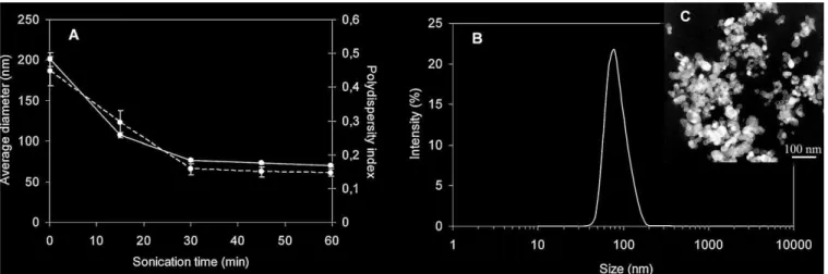 Fig. 1. Physical characterization of the NP-TiO 2 stock suspension. (A) Hydrodynamic diameter and polydispersity index of the NP-TiO2 after various sonication times in mQ water