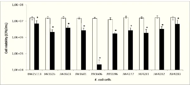 Figure 2: Toxicité du P25-TiO 2 -NPs sur Escherichia coli BW25113 et ses mutants après  exposition  à  une  concentration  en  nanoparticule  de  100  mg/L  dans  du  KNO 3   10  mM  pendant 20 heures