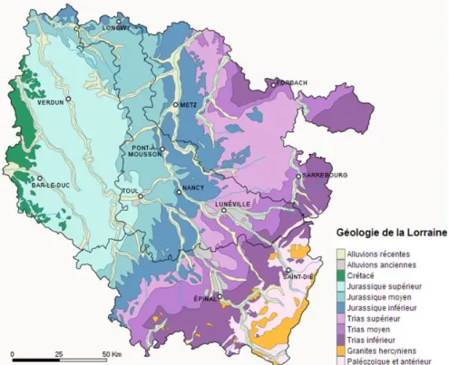 Figure I-4 : Carte géologique de la Lorraine (http://www.cartograf.fr/regions/lorraine.php)