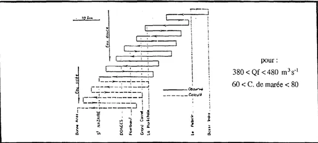 Fig. 11.9.- Progression vers l'aval de la tranche d'eau supérieure en Loire (d'après Berthois