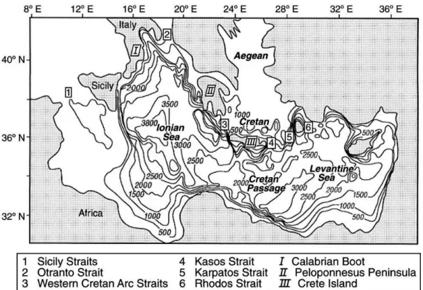 Figure 5 – Configuration et bathymétrie du bassin oriental de la Méditerranée. Les noms des sous-bassins  et des détroits sont donnés (Malanotte-Rizzoli et al