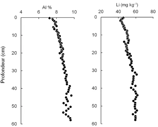Figure 13 – Profils en fonction de la profondeur des concentrations des traceurs clastiques Al, Li exprimées en 