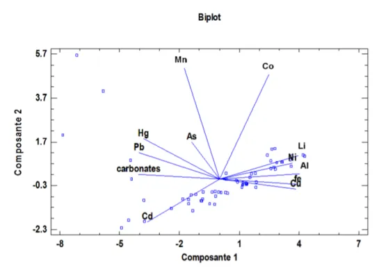 Figure 16 – Biplot du plan CP 1  (65 %) –CP 2  (15 %) schématisant les résultats de l’analyse en composante  principale (ACP) réalisée sur les concentrations de métaux et de carbonates des échantillons de  sédiments de la carotte C1 