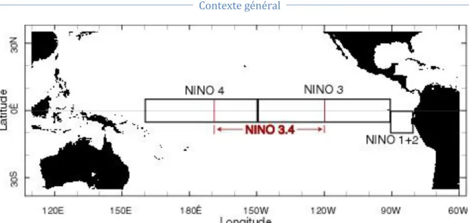 Figure  26 :  Les  quatre  régions  NINO  définis  par  Gene  Rasmusson  puis  par  le  Climate  Diagnostics Bulletin’s (1983-1996)