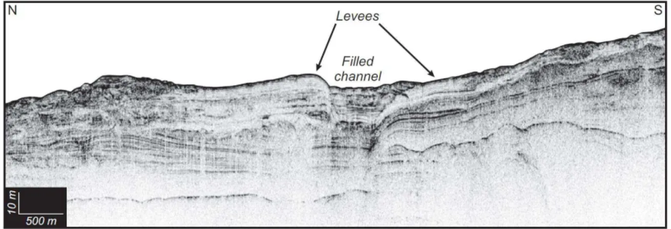 Figure I-9 : Complexe chenal-levées observé sur la pente nord-ouest du Great Bahama Bank,  Bahamas (Mulder et al., 2014)