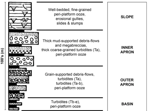 Figure  I-14 :  Géométrie  et  séquence  de  faciès  type  d’un  tablier  bréchique  de  pied  de  pente  progradant (base of slope apron) (modifié d’après Mullins et Cook, 1986)
