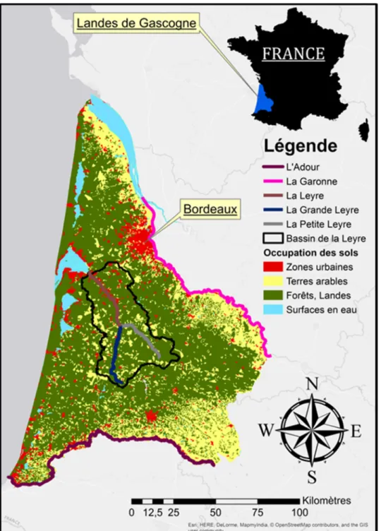Figure 6 : Carte de l’occupation des sols des Landes de Gascogne et  localisation du bassin  versant  de la Leyre