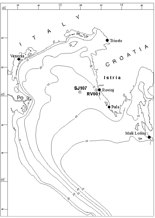 Fig. 1. The northern Adriatic with the oceanographic stations and bathymetric lines.