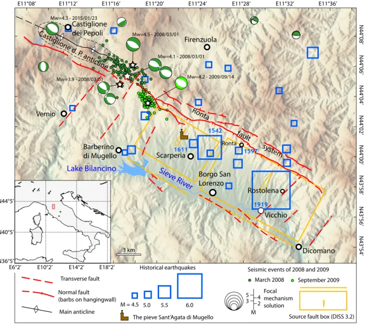Figure 2: Seismotectonic context of the Mugello area (adapted from Bonini et al. [2016])