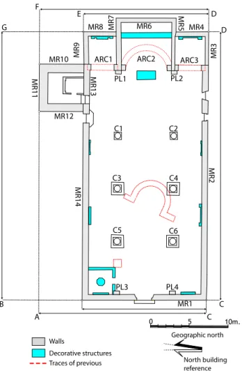 Figure 3: Plan of the church with the location of technical groups: MR for wall, PL for pilaster, C for column and ARC for arch