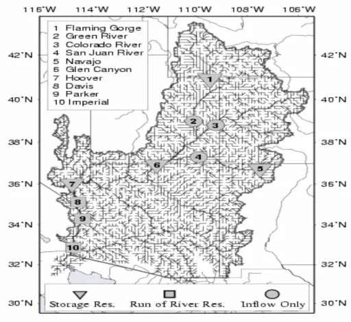 Fig. 1. Colorado River Basin with 1/8 degree VIC routing network and major system reservoirs.