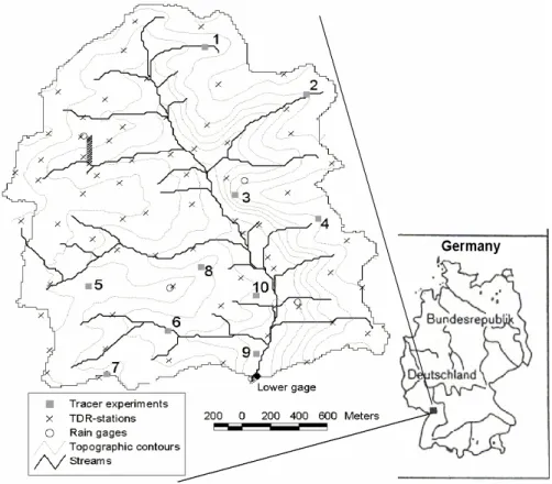 Figure 1: Observational network of the Weiherbach catchment. Soil moisture was measured at 61  TDR stations at weekly intervals (crosses)