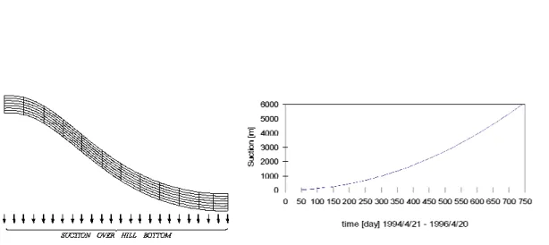 Fig. 2. Numerical setup for simulated hillslope scale drainage experiments, left panel shows the finite difference grid, right panel shows suction head imposed to the lower boundary as a function of time