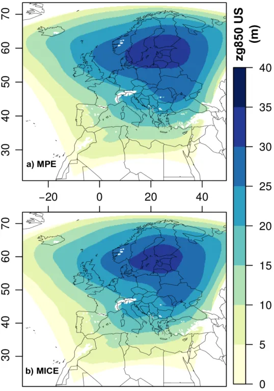 Figure 5: Spatial distribution of the inter-member variance (US) for the 850 hPa geopotential height (m) in EUR-15 domain of experiment B (year 1999)