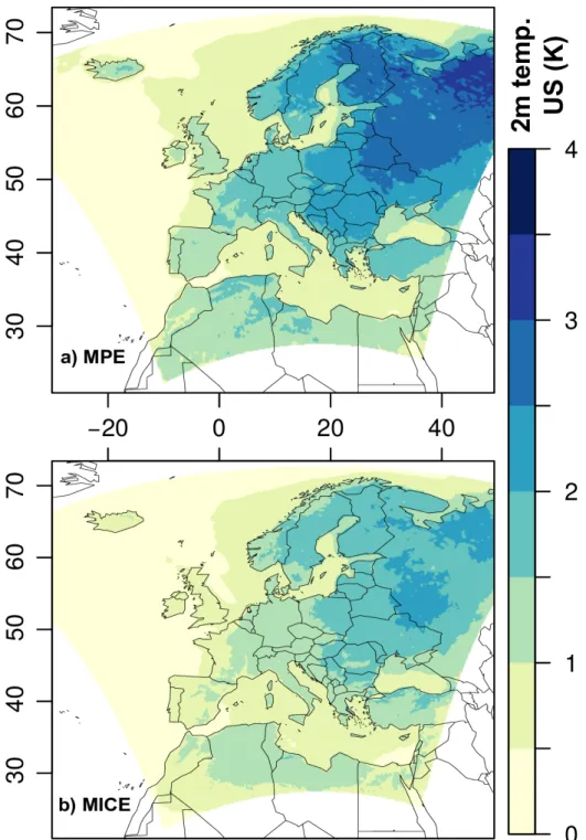 Figure 8: Spatial distribution of the inter-member variance for surface tem- tem-perature (K) in EUR-15 domain of experiment B (year 1999)