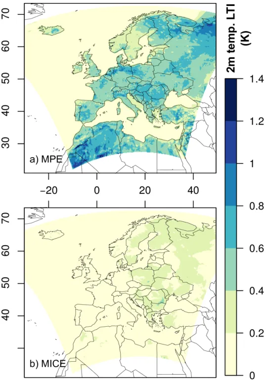 Figure 9: Long-term impact of multi-physics (a) and multi-initial-conditions (b) on surface temperature (K).