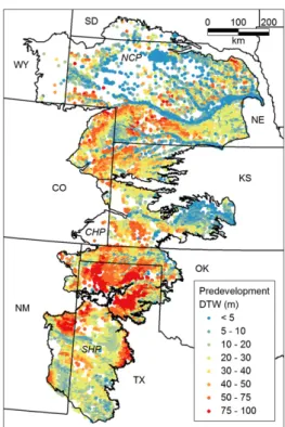 Fig. S11. Depth to water (DTW) for predevelopment ( ∼ 1950s) based on measured groundwater levels in 3,600 wells in the High Plains aquifer.