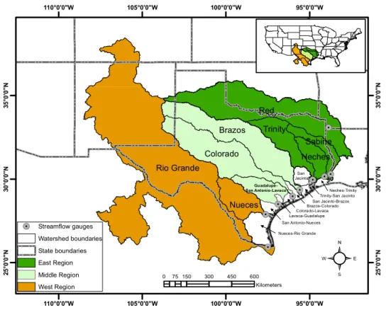 Figure 1. Three regions and USGS streamﬂow gauges in Texas that are used to estimate outﬂow of the three regions being investigated.