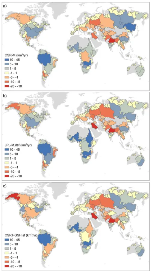 Figure 9. Global maps of long-term trends in TWSA in terms of volume (km 3 /yr) by basin for (a) CSR-M, (b) JPL-M.dsf, and (c) CSRT-GSH.sf.