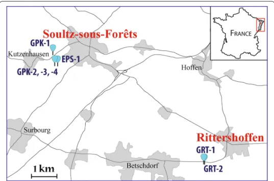 Fig. 1  Location of wellheads of EPS-1 exploration well, the GPK-1, GPK-2, GPK-3 and GPK-4 geothermal wells  at Soultz-sous-Forêts and GRT-1 and GRT-2 at Rittershoffen