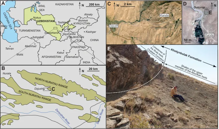 Fig. 1. A–D, Geographical position of the myodocope-bearing Silurian locality of Kanda, Uzbekistan