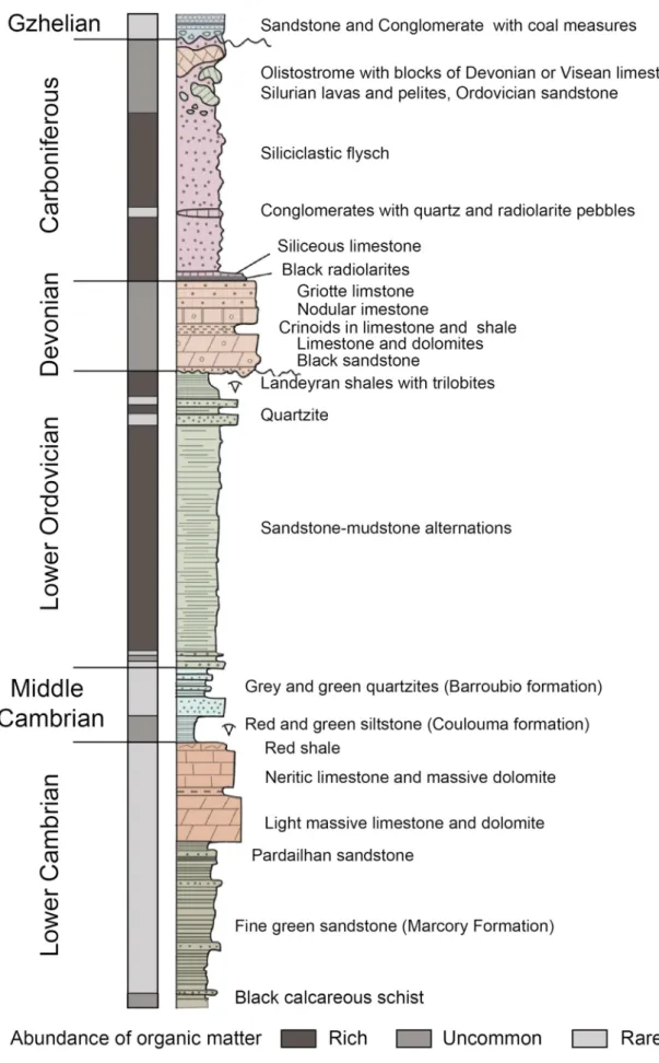 Fig. 3. Paleozoic stratigraphic log, with the abundance in organic matter shown on the left column (modiﬁed from Arthaud, 1970; Engel et al., 1980-1981; Álvaro and Vizcaïno, 1998; and Vizcaïno and Álvaro, 2001).