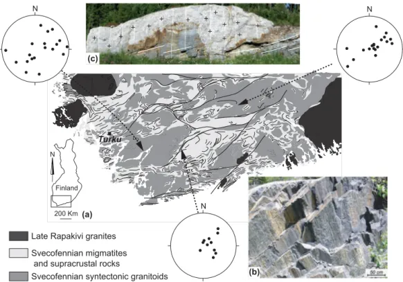 Fig. 5. Examples of ﬁ eld relationships between domains of steeply dipping and gently dipping fabrics