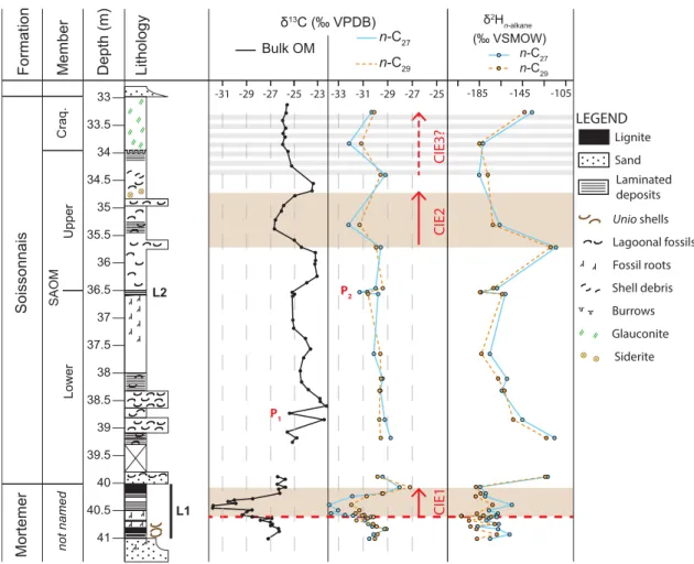 Fig. 3. Phare d ’ Ailly core lithology compared to the d 13 C of bulk OM and n-alkane C 27 and C 29 d 13 C and d 2 H isotopic composition