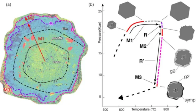 Fig. 8. (a) Calcium X-ray map of garnet and the immediate symplectite rim showing the textural evidences of garnet growth and resorption sequence (same garnet grain as in Fig