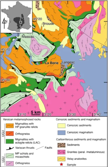 Fig. 1. Geological map and location of the study area in the framework of the French Massif Central (inset; dark grey)